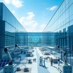 A modern technological hub representing 'tuvpoliteh в сфере технологий' — a sleek, futuristic campus with glass buildings, solar panels, robotic arms assembling devices, holographic data displays floating in the air, engineers in smart uniforms collaborating, and a subtle emblem of TuvPoliteh integrated into the architecture, all in a clean, high-detail, photorealistic style with soft natural lighting and a sense of innovation and progress