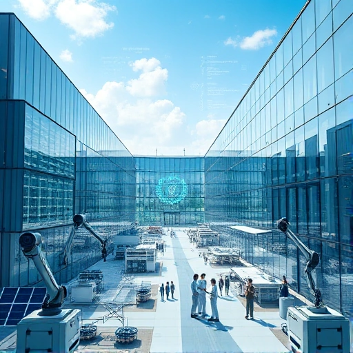 A modern technological hub representing 'tuvpoliteh в сфере технологий' — a sleek, futuristic campus with glass buildings, solar panels, robotic arms assembling devices, holographic data displays floating in the air, engineers in smart uniforms collaborating, and a subtle emblem of TuvPoliteh integrated into the architecture, all in a clean, high-detail, photorealistic style with soft natural lighting and a sense of innovation and progress