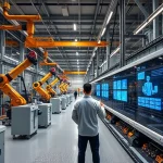 A modern industrial factory interior with advanced automation, robotic arms, digital control panels, and engineers in smart uniforms monitoring production lines via holographic displays, symbolizing digitalization of manufacturing at TuvPoliteh