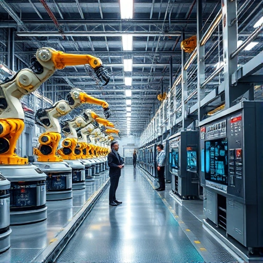 A modern industrial facility with advanced technology, featuring robotic arms, automated production lines, digital control panels, and engineers in smart uniforms monitoring systems, set in a clean, high-tech environment with glowing data streams and sleek metallic surfaces, representing tuvpoliteh in industry: modern technologies
