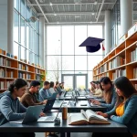 A modern university campus in Central Asia with students studying in a high-tech library, diverse group of young people using laptops and books, bright natural light through large windows, subtle academic symbols like open books and graduation caps floating softly in the background, clean and inspiring atmosphere, educational excellence theme
