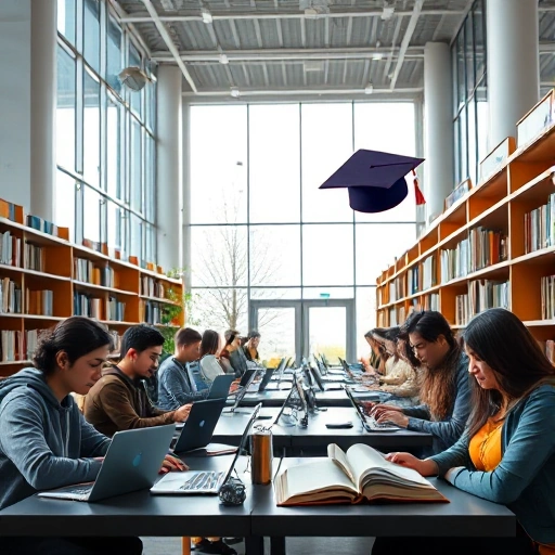 A modern university campus in Central Asia with students studying in a high-tech library, diverse group of young people using laptops and books, bright natural light through large windows, subtle academic symbols like open books and graduation caps floating softly in the background, clean and inspiring atmosphere, educational excellence theme