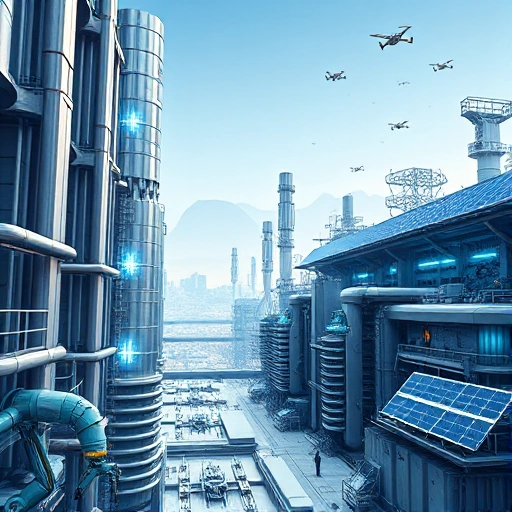 A futuristic industrial complex with sleek metallic structures, glowing blue energy conduits, autonomous robotic arms assembling advanced machinery, solar panels integrated into the architecture, and a clear sky with distant flying drones, all rendered in a clean, high-detail sci-fi aesthetic
