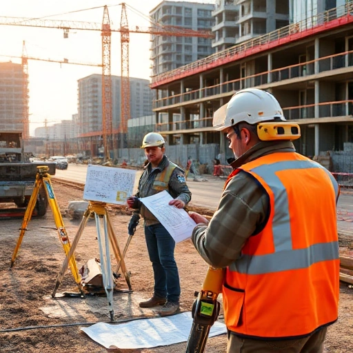 A professional engineering survey team conducting fieldwork at a construction site, using modern geodetic instruments like total stations and laser scanners, with detailed topographic maps and soil sampling equipment visible, set against a backdrop of urban infrastructure under development, realistic lighting, high detail, smallHQ style