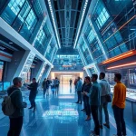 A modern digital technology hub with sleek futuristic architecture, glowing data streams, holographic interfaces, and diverse engineers collaborating in a high-tech environment, symbolizing innovation and digital transformation