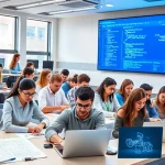 A modern educational collage showing diverse students studying engineering and technology subjects in a bright university classroom with laptops, blueprints, and digital screens displaying code and diagrams, symbolizing top courses at tuvpoliteh