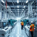 A modern industrial facility showcasing advanced TUVPoliteh technologies, featuring sleek machinery, automated production lines, digital control panels, and engineers in safety gear monitoring systems, with clean lines, bright lighting, and a futuristic yet practical aesthetic emphasizing innovation and efficiency