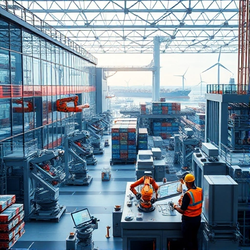 A modern industrial complex representing the tuvpoliteh industry, featuring sleek factories with glass and steel architecture, automated robotic arms assembling precision components, engineers in safety gear monitoring digital control panels, global supply chain elements like cargo ships and drones in the background, clean energy sources such as solar panels and wind turbines integrated into the facility, all rendered in a highly detailed, realistic, and professional smallHQ style