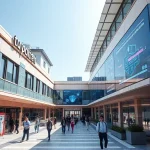A modern university campus building with visible signage reading 'tuvpoliteh', students walking between buildings, digital screens displaying technical diagrams and code, a mix of traditional architecture and futuristic elements like holographic displays and solar panels, bright daylight, clear sky, realistic photography style