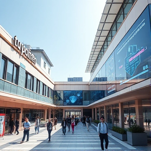 A modern university campus building with visible signage reading 'tuvpoliteh', students walking between buildings, digital screens displaying technical diagrams and code, a mix of traditional architecture and futuristic elements like holographic displays and solar panels, bright daylight, clear sky, realistic photography style