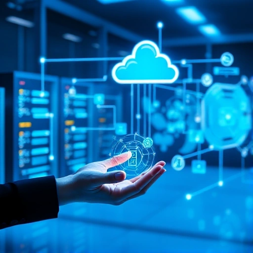 A modern digital transformation concept showing interconnected glowing data streams flowing between abstract representations of servers, cloud networks, and human hands interacting with holographic interfaces, set in a sleek futuristic environment with soft blue and cyan lighting, minimalistic design, high detail, no text or labels