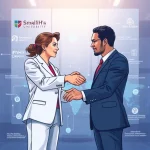 A professional illustration of strategic partners collaborating in a modern tech environment: two diverse professionals shaking hands over a holographic display showing interconnected global networks, subtle university and corporate logos in the background, clean lines, soft lighting, high detail, smallHQ style