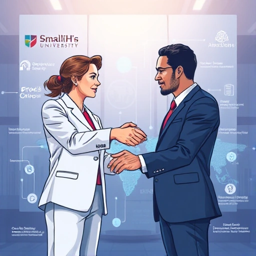A professional illustration of strategic partners collaborating in a modern tech environment: two diverse professionals shaking hands over a holographic display showing interconnected global networks, subtle university and corporate logos in the background, clean lines, soft lighting, high detail, smallHQ style