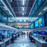 A modern university campus building with engineering labs, students working on technical projects, and digital displays showing applications of technology in industry, education, and research, all in a clean, professional, smallHQ style