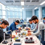 A modern engineering laboratory with students working on practical projects involving robotics, 3D printing, and circuit design, showing hands-on application of technical knowledge in a clean, well-lit university setting