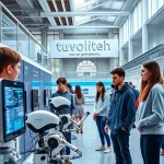 A modern university campus with students collaborating in a high-tech lab, featuring advanced robotics, digital screens displaying code and data, and a banner in the background reading 'tuvpoliteh: новые возможности' in Cyrillic, bright natural lighting, clean architectural lines, diverse group of young people in casual-tech attire, focus on innovation and education