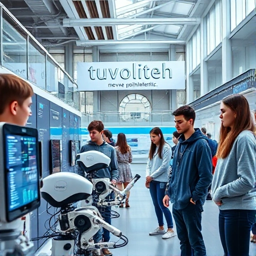 A modern university campus with students collaborating in a high-tech lab, featuring advanced robotics, digital screens displaying code and data, and a banner in the background reading 'tuvpoliteh: новые возможности' in Cyrillic, bright natural lighting, clean architectural lines, diverse group of young people in casual-tech attire, focus on innovation and education