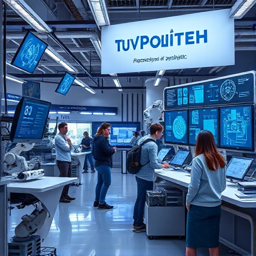 A modern university campus with students collaborating in a high-tech lab, featuring advanced robotics, digital screens displaying engineering schematics, and a banner with the text 'TuVPoliteh: перспективы и возможности' in Russian, all rendered in a clean, futuristic, smallHQ style with soft lighting and detailed textures