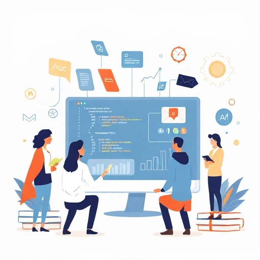 A professional and modern illustration representing best practices in technology and education, featuring diverse individuals collaborating around a digital interface showing code, data visualizations, and educational tools, with a clean, minimalist design and subtle academic motifs like books and gears integrated into the background, conveying innovation and excellence in technical education