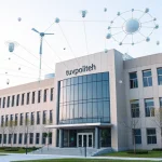 A modern university campus building with the name 'tuvpoliteh' visible on the facade, surrounded by interconnected IoT devices such as smart sensors, wireless communication nodes, and data flow visualizations in the air, representing the Internet of Things, all rendered in a clean, high-detail, smallHQ style with soft lighting and subtle digital overlays