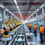 A modern industrial factory interior with automated machinery, robotic arms assembling products on a conveyor belt, engineers in safety gear monitoring control panels, bright LED lighting, clean and organized workspace, high-tech manufacturing environment, subtle hints of Russian engineering heritage in the background, no text or signage visible