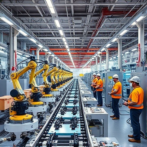 A modern industrial factory interior with automated machinery, robotic arms assembling products on a conveyor belt, engineers in safety gear monitoring control panels, bright LED lighting, clean and organized workspace, high-tech manufacturing environment, subtle hints of Russian engineering heritage in the background, no text or signage visible