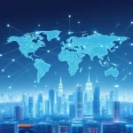 A modern digital economy concept: interconnected global networks, glowing data streams, abstract financial charts, and futuristic city skylines with holographic interfaces, all rendered in a clean, high-detail, minimalist style with soft blue and silver tones