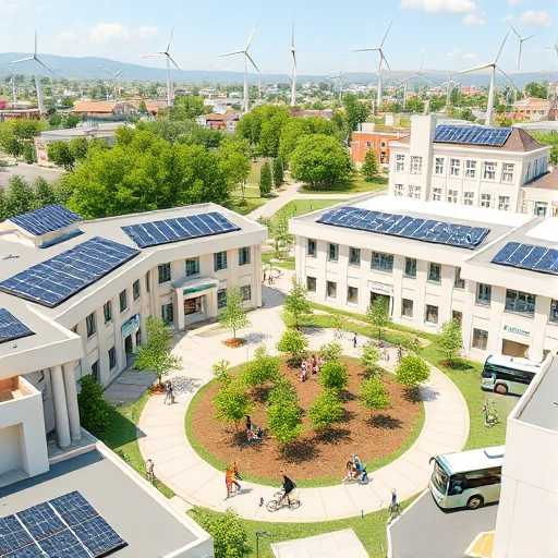 A modern university campus in Tashkent with solar panels on rooftops, students planting trees in a green courtyard, wind turbines in the background, and eco-friendly transportation like bicycles and electric buses, all rendered in a clean, detailed, high-quality smallHQ style