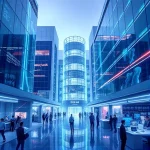 A futuristic innovation hub with sleek modern architecture, glowing data streams flowing between buildings, diverse engineers collaborating in open labs, holographic displays showing technological progress, soft ambient lighting, symbolizing strategic innovation and technological advancement