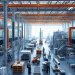 A modern industrial and technological hub featuring sleek factories, advanced robotics, digital interfaces, and engineers collaborating in a high-tech environment, symbolizing tuvpoliteh's role in industry and technology