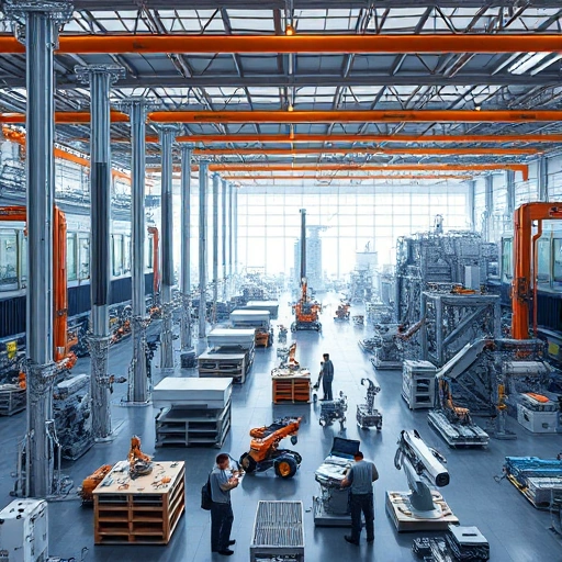 A modern industrial and technological hub featuring sleek factories, advanced robotics, digital interfaces, and engineers collaborating in a high-tech environment, symbolizing tuvpoliteh's role in industry and technology