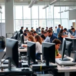 A modern university classroom with students engaged in hands-on technical practice, working with engineering equipment and computers, bright natural light, collaborative atmosphere, diverse group of learners, focus on applied learning and skill development