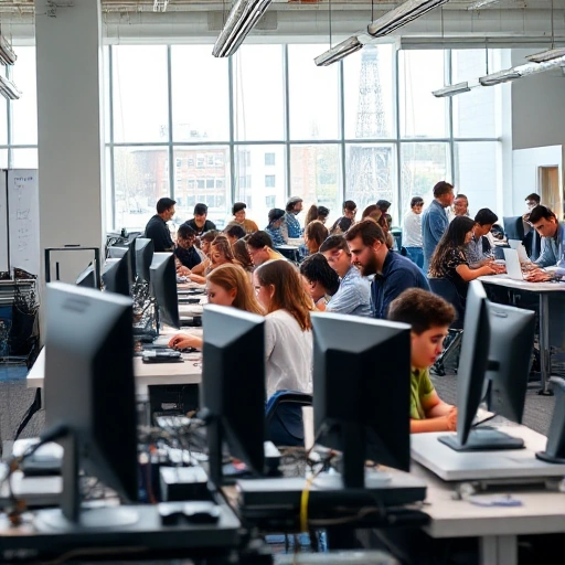 A modern university classroom with students engaged in hands-on technical practice, working with engineering equipment and computers, bright natural light, collaborative atmosphere, diverse group of learners, focus on applied learning and skill development