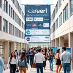 A modern university campus with students in professional attire walking between buildings, a career fair banner with logos of tech companies, a digital screen displaying job listings, and a diverse group of young adults engaging in networking and interviews, all in a bright, optimistic atmosphere symbolizing career growth and opportunity
