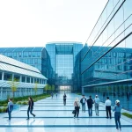 A futuristic university campus with modern glass buildings, solar panels, students using holographic displays and robotic assistants, symbolizing technological innovation in education, clean and bright atmosphere, digital overlays of data streams and code subtly integrated into the environment