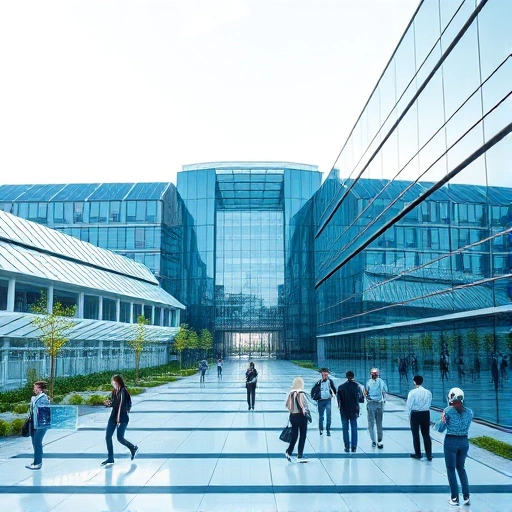 A futuristic university campus with modern glass buildings, solar panels, students using holographic displays and robotic assistants, symbolizing technological innovation in education, clean and bright atmosphere, digital overlays of data streams and code subtly integrated into the environment