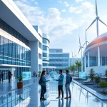 A modern university campus with futuristic architecture, students collaborating in a high-tech lab with holographic displays, renewable energy systems like solar panels and wind turbines visible in the background, symbolizing innovative approaches in education and technology
