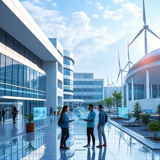A modern university campus with futuristic architecture, students collaborating in a high-tech lab with holographic displays, renewable energy systems like solar panels and wind turbines visible in the background, symbolizing innovative approaches in education and technology
