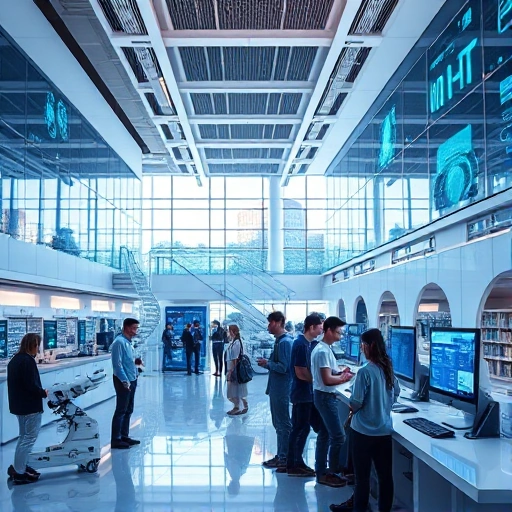 A modern university campus with futuristic technology labs, students collaborating on robotics and AI projects, holographic displays showing scientific data, sleek architecture blending innovation and education, bright natural light, high detail, realistic rendering