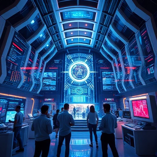 A modern technological innovation hub with sleek futuristic architecture, glowing data streams, holographic displays, and diverse engineers collaborating in a high-tech environment, symbolizing TuVPoliteh's technological innovations