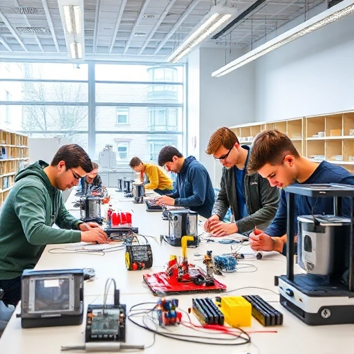 A modern engineering laboratory with students working on practical projects involving robotics, 3D printing, and circuit design, showing hands-on application of technical knowledge in a clean, well-lit university setting