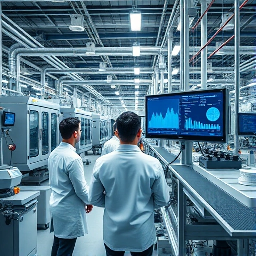 A modern industrial facility with engineers in lab coats reviewing product quality data on digital screens, surrounded by advanced machinery and clean production lines, symbolizing tuvpoliteh for improving product quality