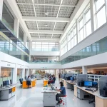 A modern university campus building with engineering labs and students working on technical projects, representing the application sphere of tuvpoliteh (Tashkent University of Information Technologies named after Muhammad al-Khwarizmi), featuring clean architectural lines, collaborative workspaces, and visible technology like robotics, computers, and lab equipment, all in a bright, professional environment