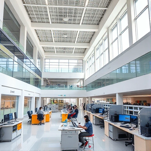 A modern university campus building with engineering labs and students working on technical projects, representing the application sphere of tuvpoliteh (Tashkent University of Information Technologies named after Muhammad al-Khwarizmi), featuring clean architectural lines, collaborative workspaces, and visible technology like robotics, computers, and lab equipment, all in a bright, professional environment
