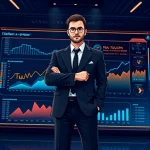 A modern, professional illustration of a confident leader in a high-tech environment, standing in front of a sleek digital dashboard displaying data graphs and the text 'TuVPoliteh: лидер на рынке' in elegant Cyrillic typography, surrounded by subtle futuristic elements like glowing circuit patterns and abstract network lines, conveying innovation and market dominance, clean corporate aesthetic, soft ambient lighting, high detail, 4K quality