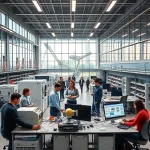 A modern university campus with students and faculty collaborating in a high-tech engineering lab, featuring advanced robotics, 3D printers, and digital workstations, symbolizing innovation and academic excellence in technical education, with a hopeful and forward-looking atmosphere