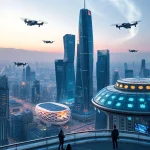A futuristic cityscape with advanced technology: flying vehicles, glowing skyscrapers with holographic displays, solar-paneled domes, and people interacting with augmented reality interfaces, all under a soft twilight sky with aurora-like light trails, conveying innovation and tomorrow’s technologies