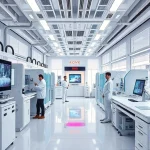 A modern, high-tech laboratory or innovation hub with advanced equipment, digital displays, and engineers or scientists collaborating in a sleek, futuristic environment, reflecting leading technologies, minimalist design, and professional atmosphere, no text or labels visible