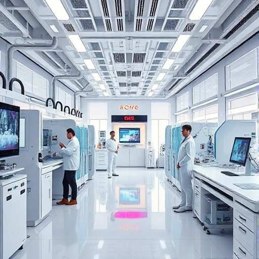 A modern, high-tech laboratory or innovation hub with advanced equipment, digital displays, and engineers or scientists collaborating in a sleek, futuristic environment, reflecting leading technologies, minimalist design, and professional atmosphere, no text or labels visible