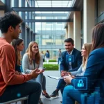 A modern university campus scene with students and faculty engaged in a discussion about ethics and safety in technology, featuring diverse individuals in a collaborative setting, subtle digital overlays representing data security and ethical guidelines, soft natural lighting, professional and thoughtful atmosphere